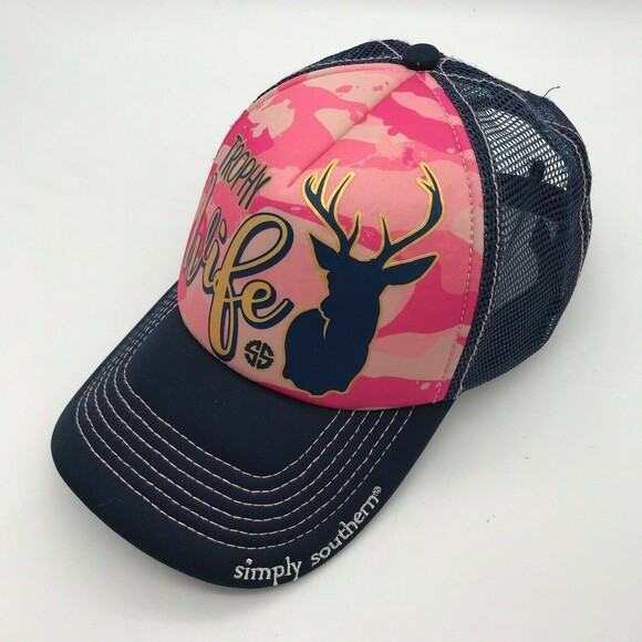 Simply Southern "Trophy Wife" Hat Pink Camo Womens Baseball Cap Mesh Buckle Back - Picture 2 of 7
